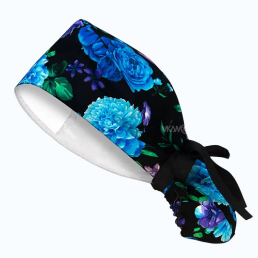 ClinixWear "Midnight Bloom™" Satin-Lined Ponytail Scrub Cap