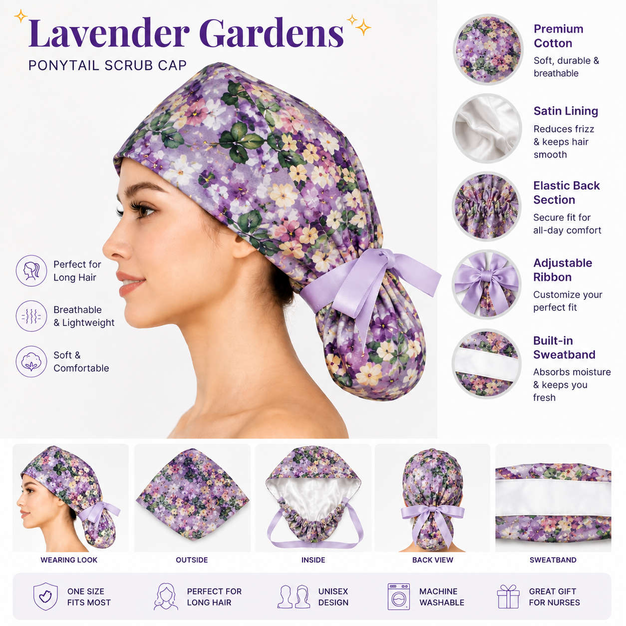 ClinixWear "Lavender Gardens™" Satin-Lined Ponytail Scrub Cap