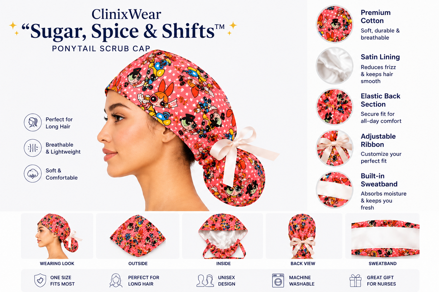 ClinixWear "Sugar, Spice & Shifts™" Satin-Lined Ponytail Scrub Cap