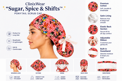 ClinixWear "Sugar, Spice & Shifts™" Satin-Lined Ponytail Scrub Cap