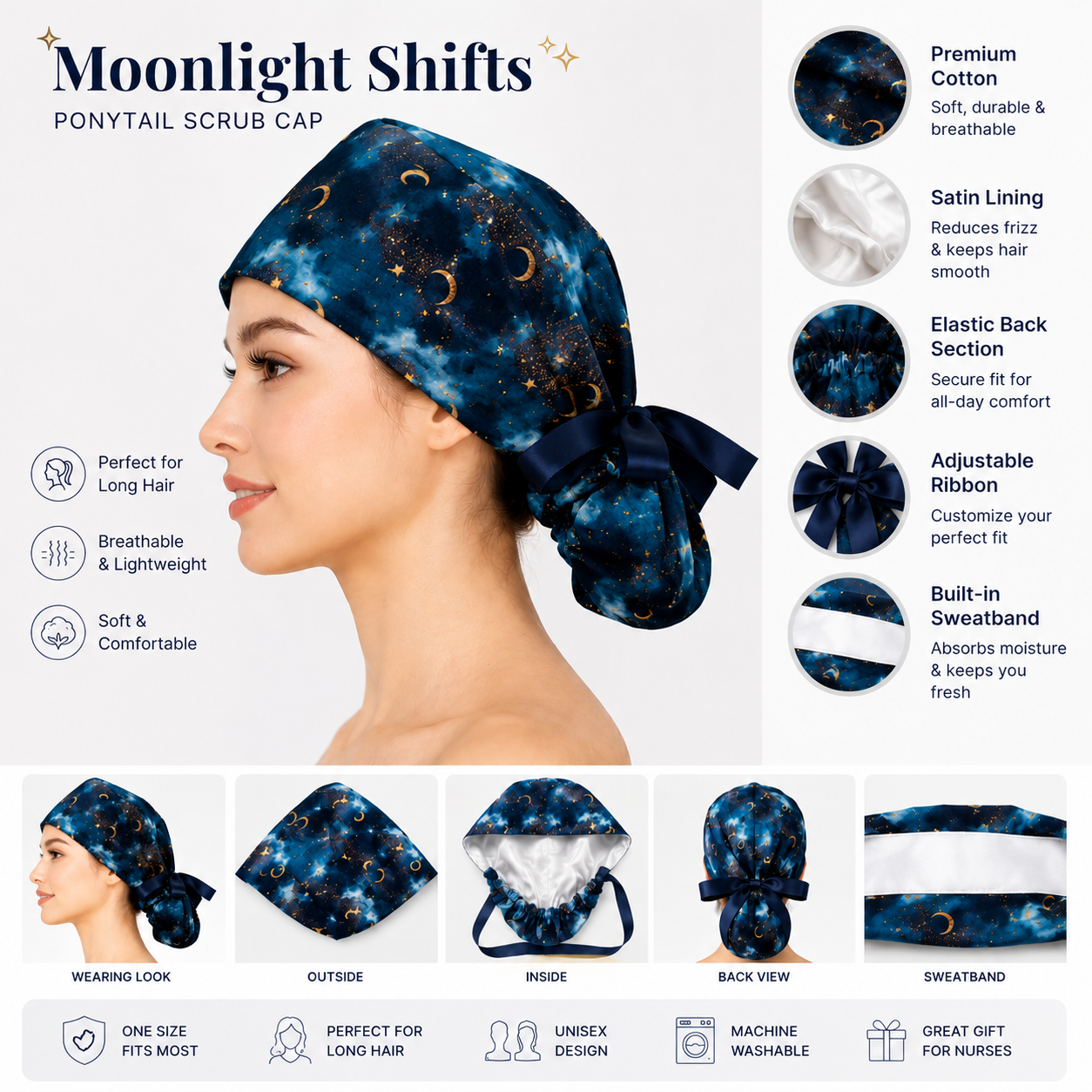 ClinixWear "Moonlight Shifts" Satin-Lined Ponytail Scrub Cap