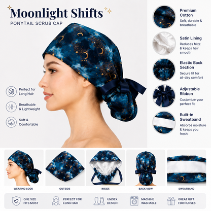 ClinixWear "Moonlight Shifts" Satin-Lined Ponytail Scrub Cap