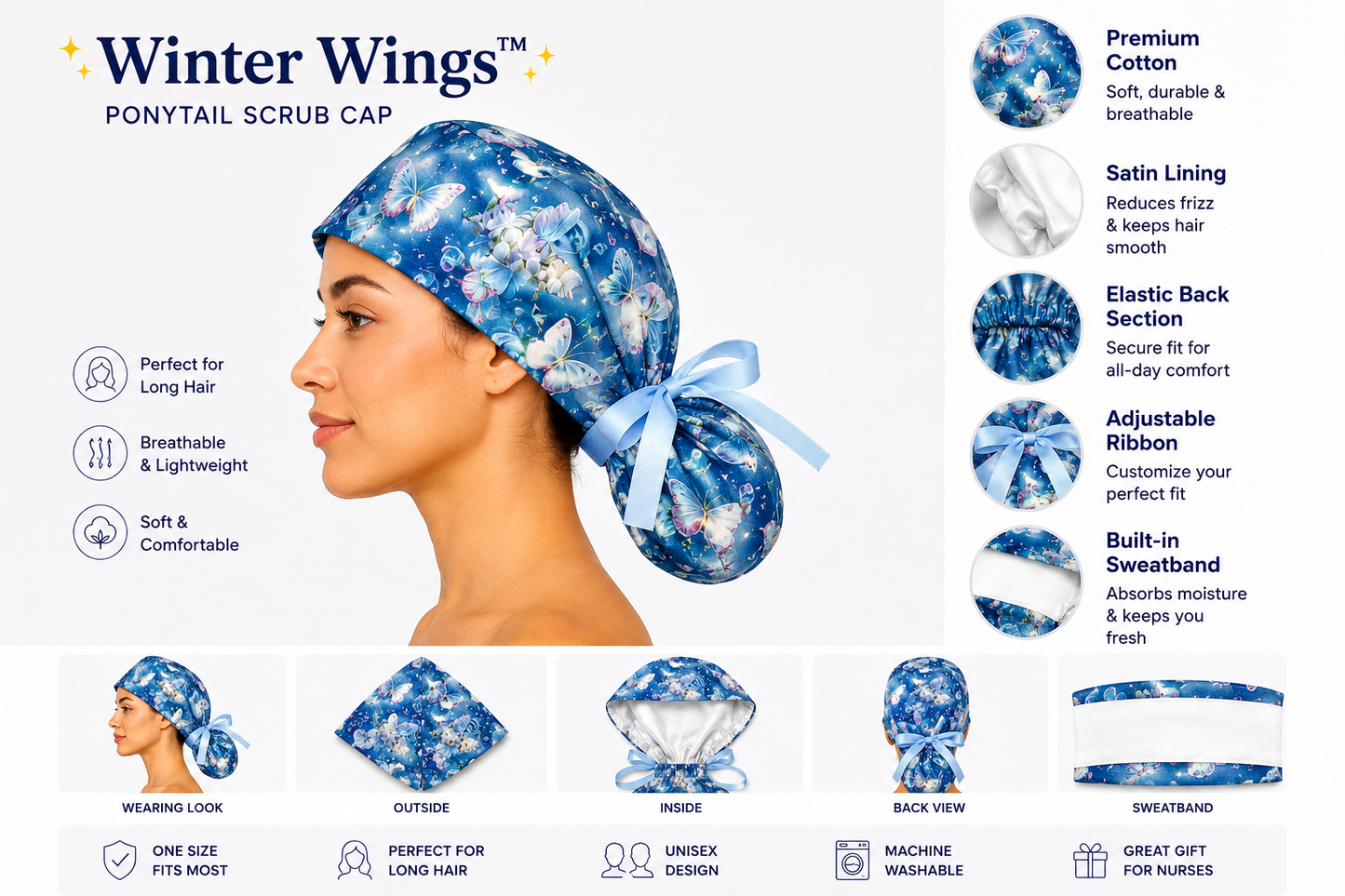 ClinixWear "Winter Wings™" Satin-Lined Ponytail Scrub Cap