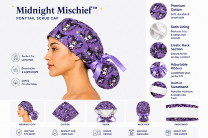 ClinixWear "Midnight Mischief™" Satin-Lined Ponytail Scrub Cap