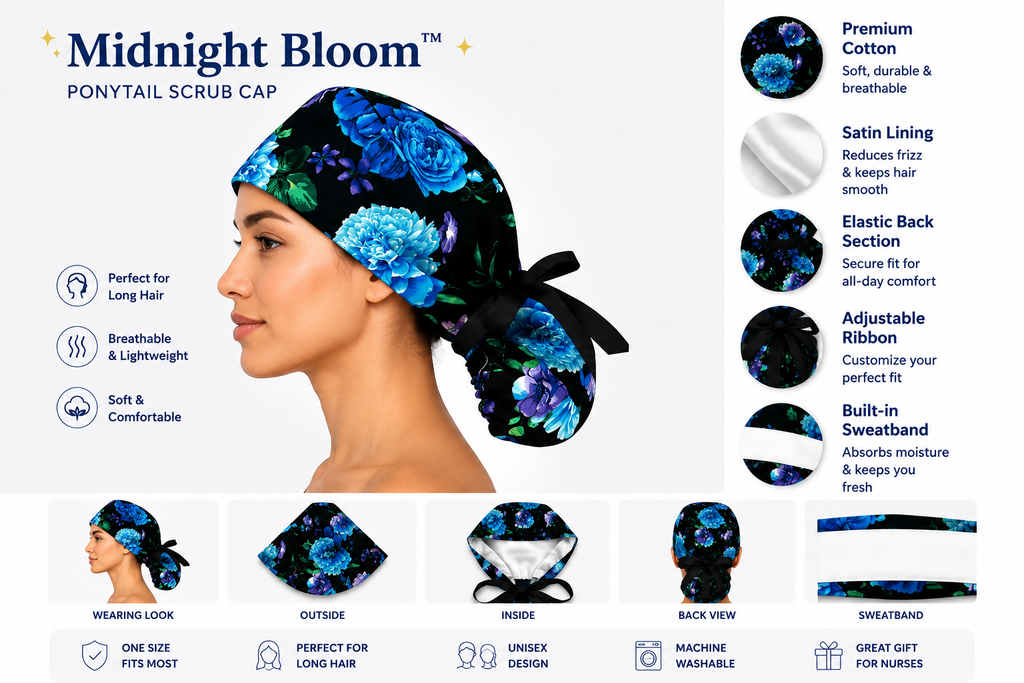 ClinixWear "Midnight Bloom™" Satin-Lined Ponytail Scrub Cap