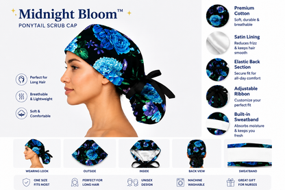 ClinixWear "Midnight Bloom™" Satin-Lined Ponytail Scrub Cap