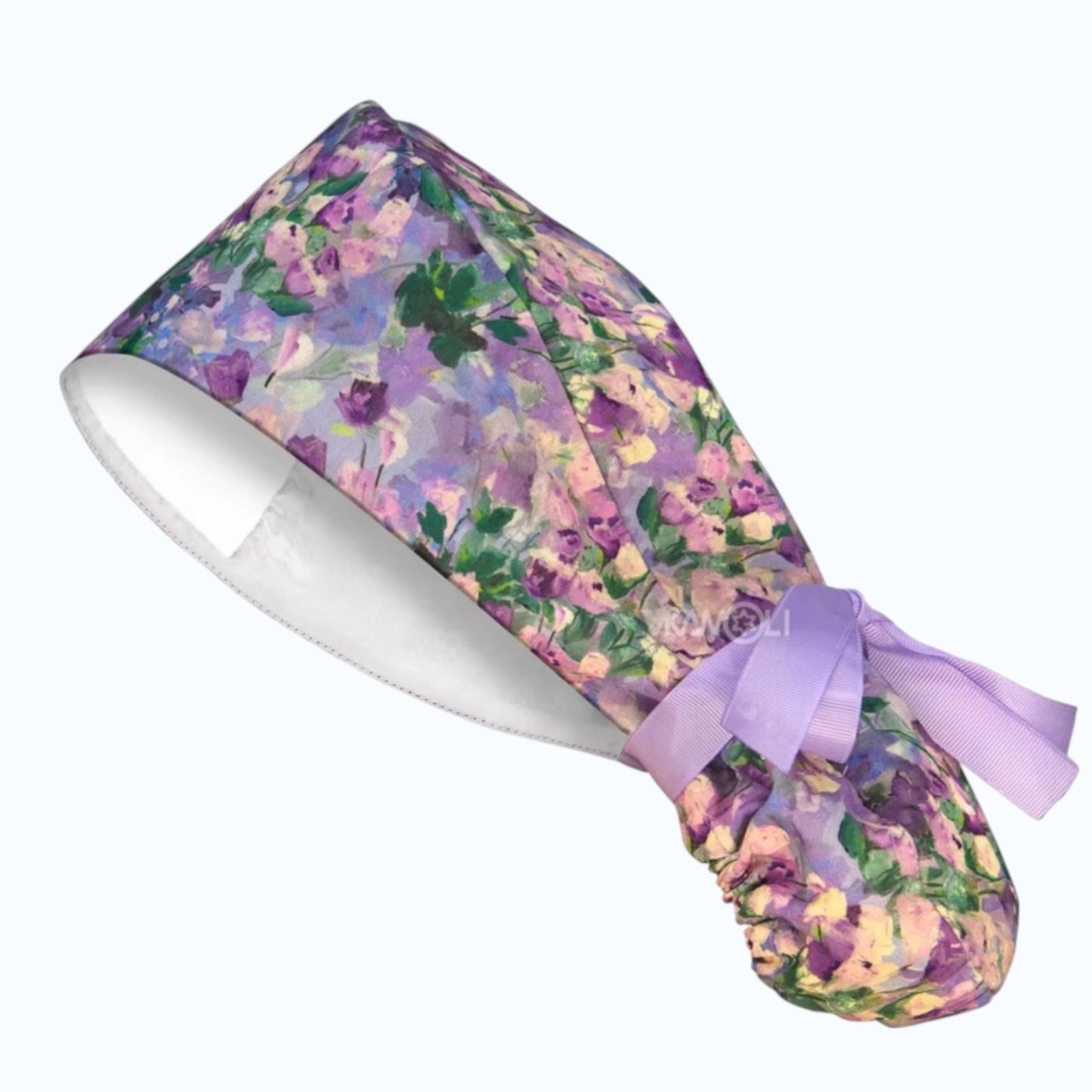 ClinixWear "Lavender Gardens™" Satin-Lined Ponytail Scrub Cap